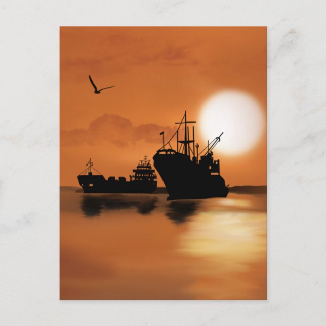 Beautiful orange sunset ships birds illustration postcard (Front)