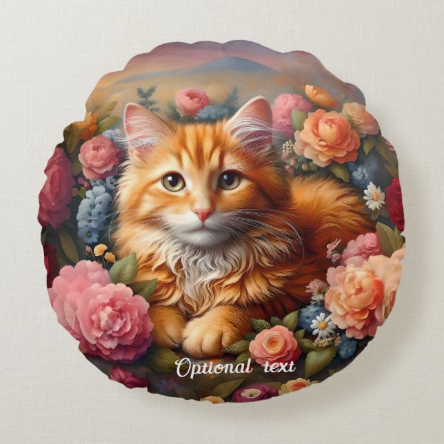 Beautiful Orange Tabby Cat and Flowers Round Pillow (Front)
