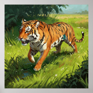 Beautiful Orange Tiger Running in Jungle Poster
