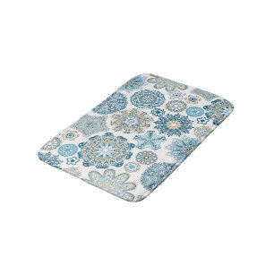 Beautiful Ornate Blue Flower Mandala Pattern Bath Mat