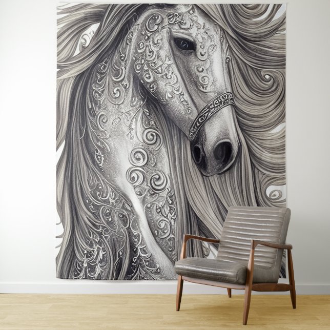Beautiful Ornate Silver Grey Horse w/ Flowing Mane Tapestry (In Situ)