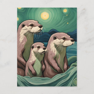 Beautiful Otter Family Van Gogh Style Postcard
