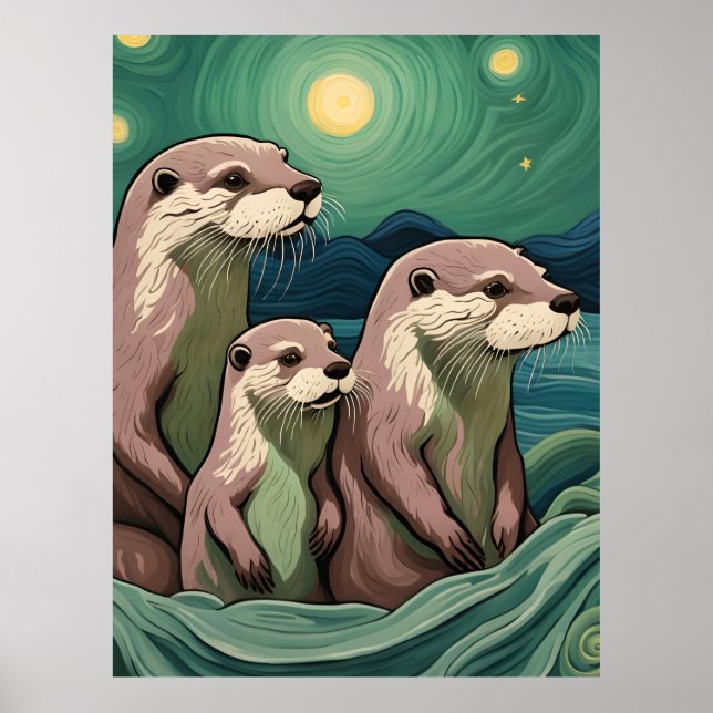 Beautiful Otter Family Van Gogh Style Poster (Front)