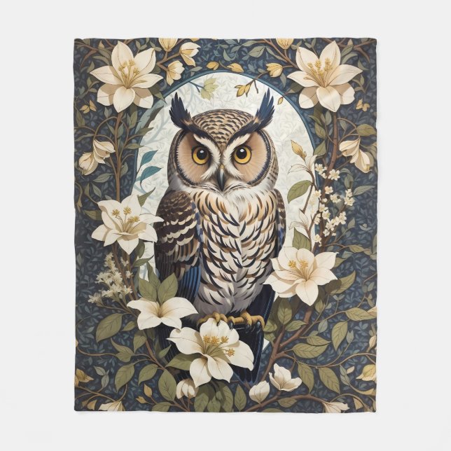 Beautiful Owl And Jasmine Flowers  Fleece Blanket (Front)