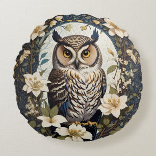 Beautiful Owl And Jasmine Flowers  Round Pillow