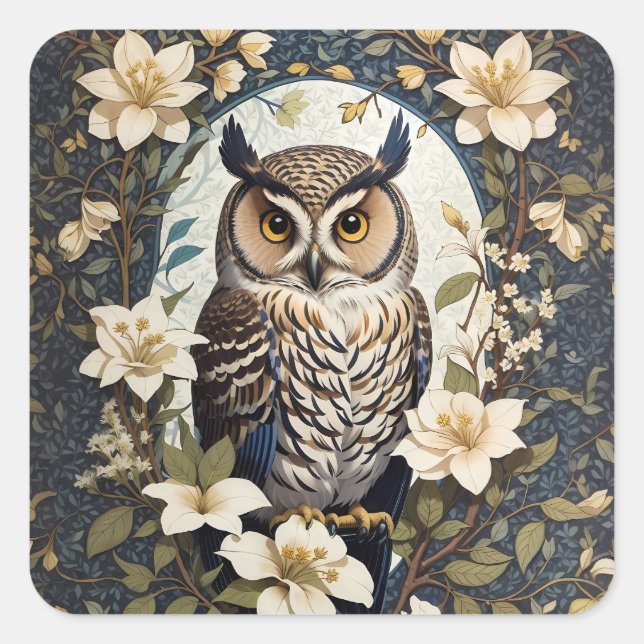 Beautiful Owl And Jasmine Flowers  Square Sticker (Front)