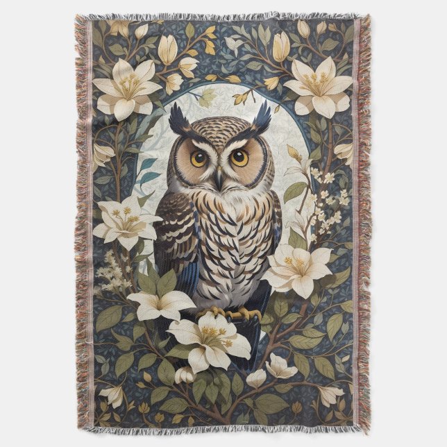 Beautiful Owl And Jasmine Flowers  Throw Blanket (Front Vertical)