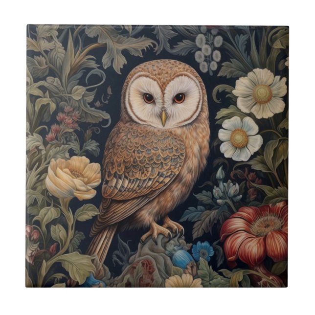 Beautiful owl in the garden art nouveau style tile (Front)