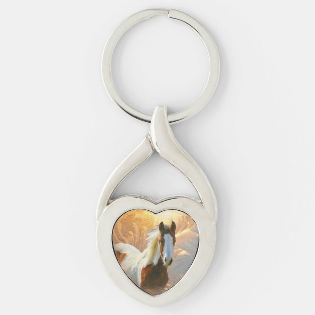 Beautiful Paint Horse Gold Heart Keychains (Front)