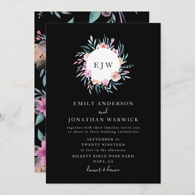 Beautiful Painted Flower Wreath Wedding Invitation (Front/Back)