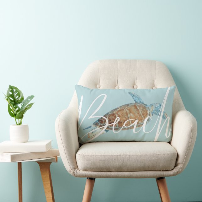Beautiful Painted Sea Turtle Beach Text Lumbar Pillow (Chair)