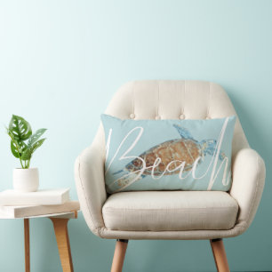 Beautiful Painted Sea Turtle With Beach Text Lumbar Pillow