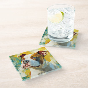 BEAUTIFUL PAINTING OF AN AMERICAN PITBULL TERRIER GLASS COASTER