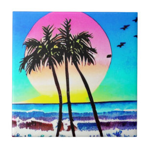 Beautiful Painting of Sunset at beach Tile