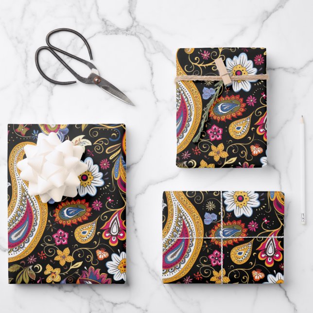 Beautiful Paisley Pattern Black Colorful  Wrapping Paper Sheet (Front)