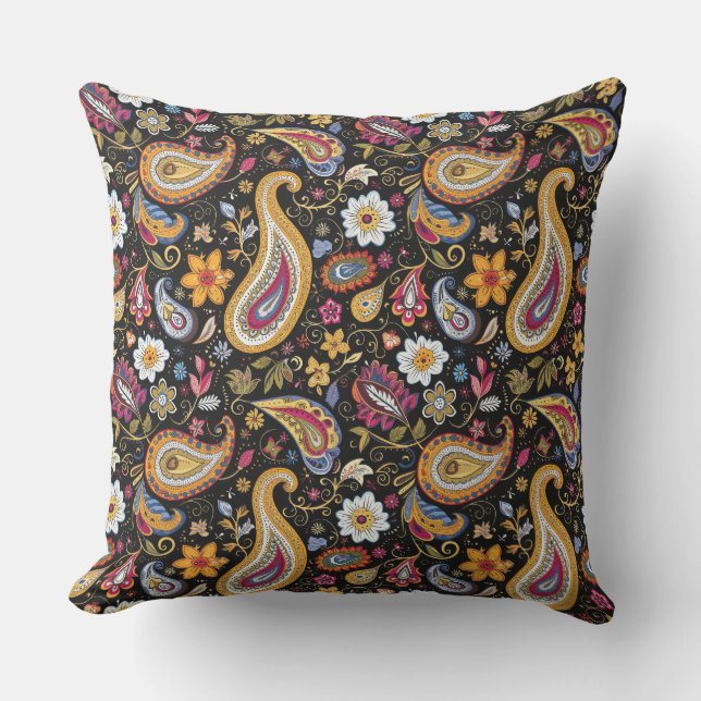 Beautiful Paisley Pattern Black Colourful  Outdoor Pillow (Front)