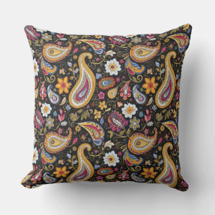 Beautiful Paisley Pattern Black Colourful Outdoor Pillow