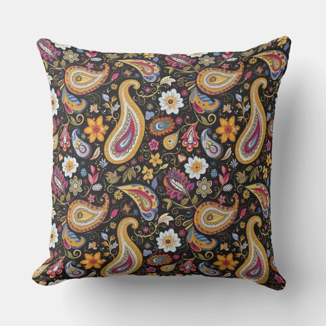 Beautiful Paisley Pattern Black Colourful  Outdoor Pillow (Front)
