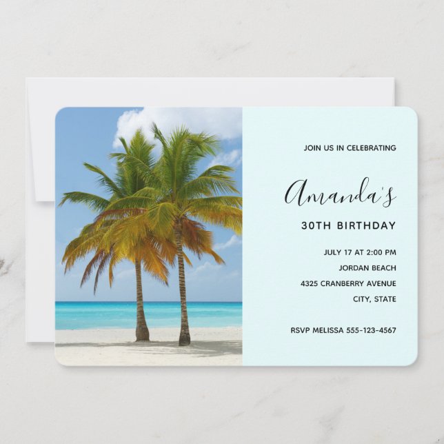  Beautiful Palm Trees on a Tropical Beach Birthday Invitation (Front)