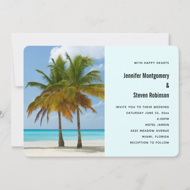 Beautiful Palm Trees on a Tropical Beach Wedding Invitation (Front)