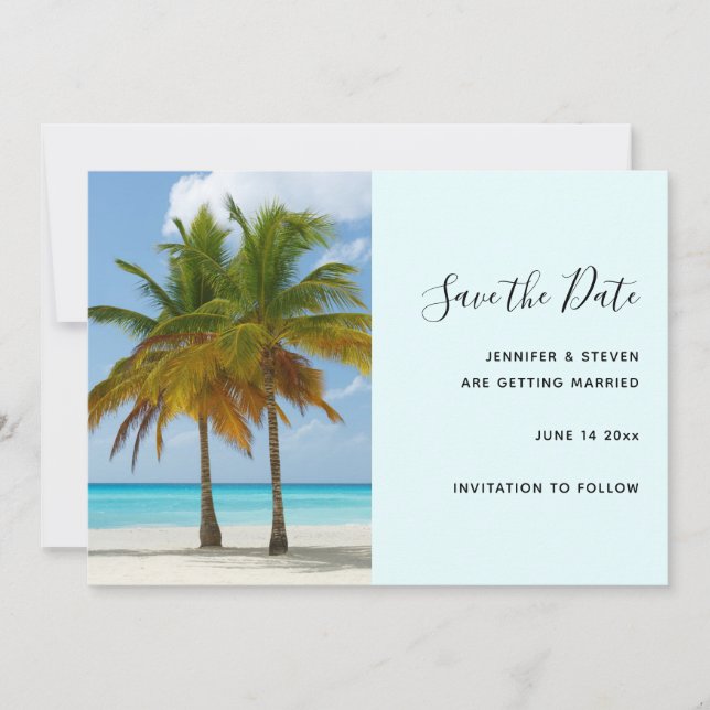 Beautiful Palm Trees on a Tropical Beach Wedding Save The Date (Front)