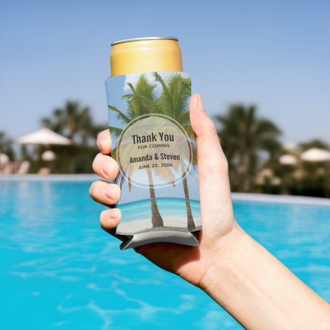 Beautiful Palm Trees on a Tropical Beach Wedding Seltzer Can Cooler (In Situ Pool)