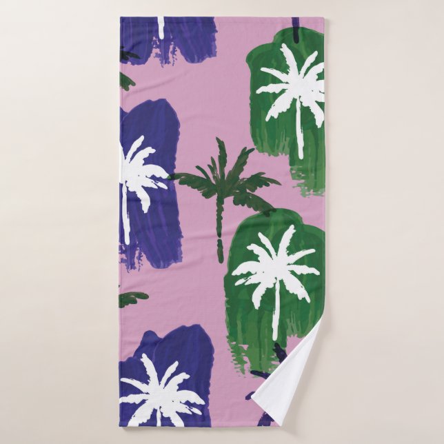 Beautiful palm trees pattern hand painted on pink  bath towel (Bath Towel)