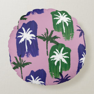 Beautiful palm trees pattern hand painted on pink  round pillow
