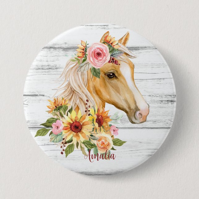 Beautiful Palomino horse with sunflowers custom 3 Inch Round Button (Front)