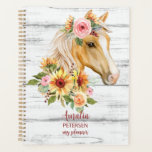 Beautiful Palomino horse with sunflowers custom Planner<br><div class="desc">Beautiful Palomino horse with sunflowers and pink flowers floral girls name planner notebook template. Beautiful watercolor horse portrait, nice personalized gift for horse loving people.</div>