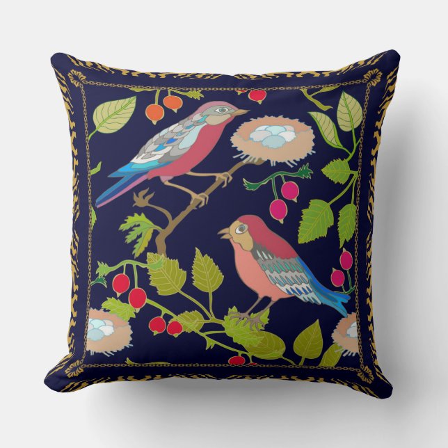 Beautiful Paradise Birds and Red Summer Berries Throw Pillow (Front)