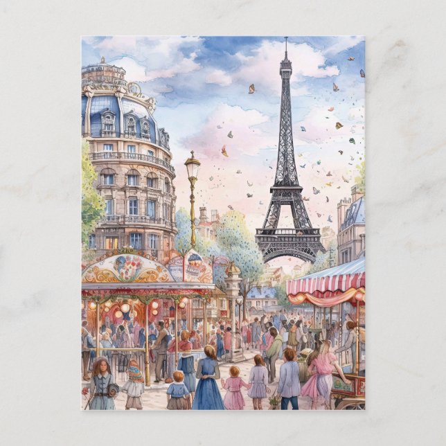 Beautiful Paris Street Scene With Eiffle Tower Art Postcard (Front)