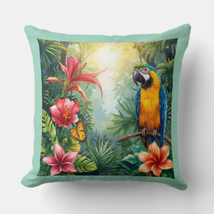 Beautiful Parrot Bird and Tropical Forest Throw Pillow