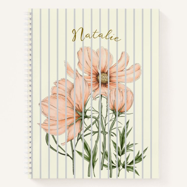 Beautiful pastel artwork White stripes Pink floral Notebook (Front)