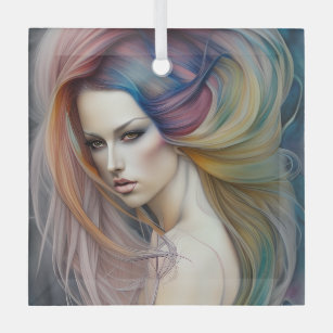 Beautiful Pastel Lady with Long Flowing Hair Tript Glass Ornament