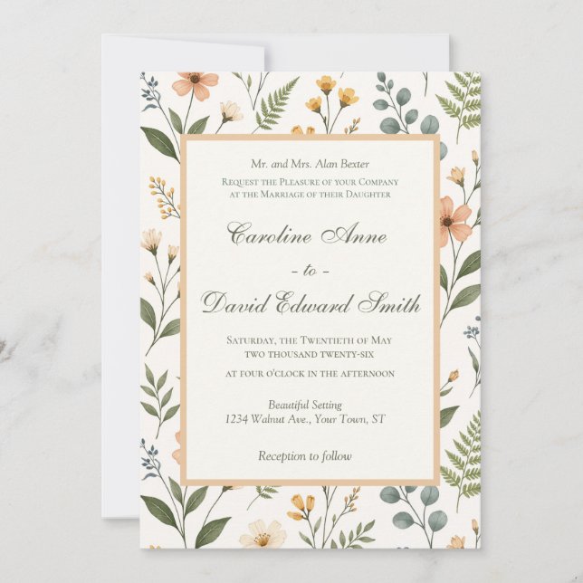 Beautiful Pastel Neutral Wildflowers and Ferns Invitation (Front)