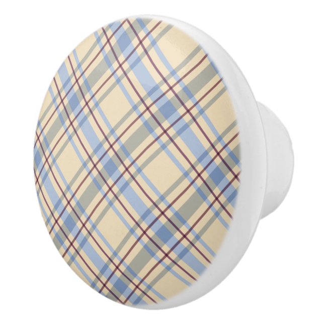 Beautiful pastel scottish plaid beige and blue ceramic knob (Right)