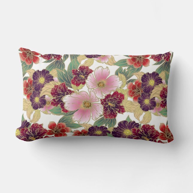 Beautiful Pattern with Floral Element Green Pink Lumbar Pillow (Front)