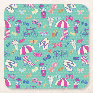 Beautiful Pattern With Summer Elements Square Paper Coaster
