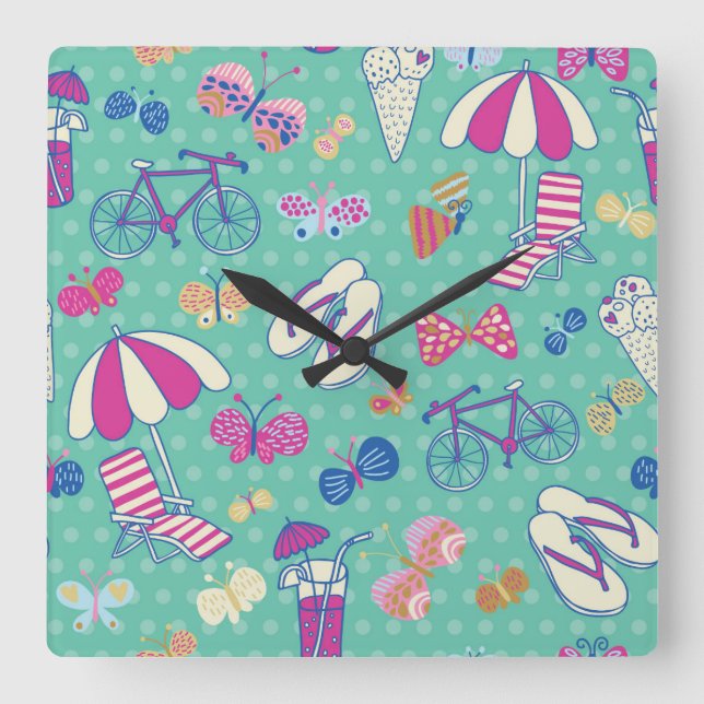 Beautiful Pattern With Summer Elements Square Wall Clock (Front)