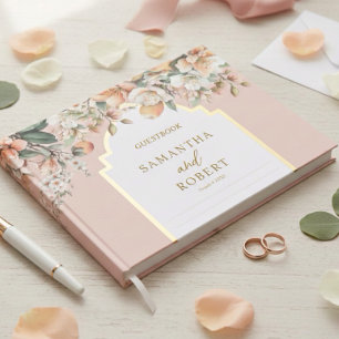 Beautiful Peach and Gold Floral Wedding Guest Book