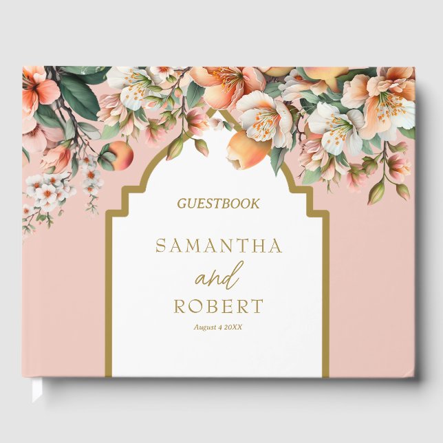 Beautiful Peach and Gold Floral Wedding Guest Book (Front)