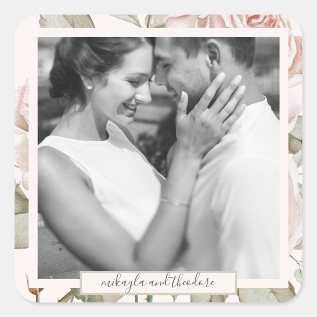 Beautiful Peach Blush Roses Wedding Photo Square Sticker (Front)