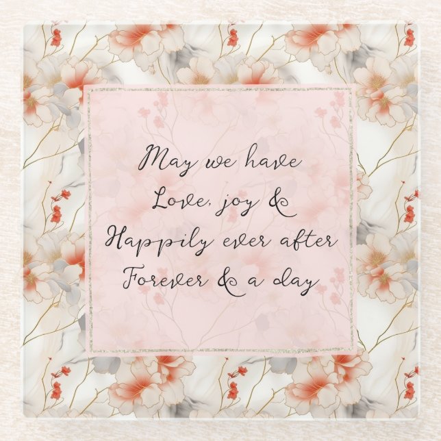 Beautiful Peach Red Floral Romantic Wedding Glass Coaster (Front)