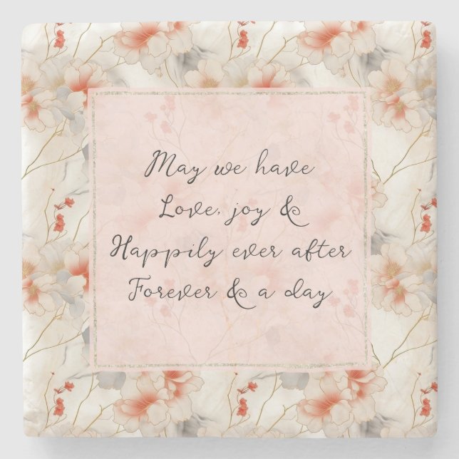 Beautiful Peach Red Floral Romantic Wedding Stone Coaster (Front)