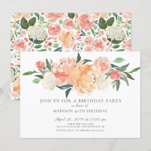Beautiful Peach Watercolor Floral Birthday Party Invitation
