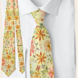 Beautiful Peach Yellow Summer Floral Watercolor Tie