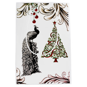 Beautiful Peacock and Christmas Tree Holiday Medium Gift Bag