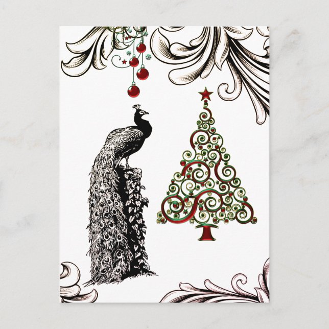Beautiful Peacock and Christmas Tree Holiday Postcard (Front)