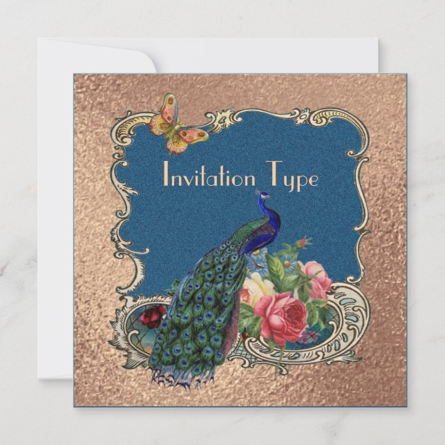 Beautiful peacock art, personalized invitation (Front)
